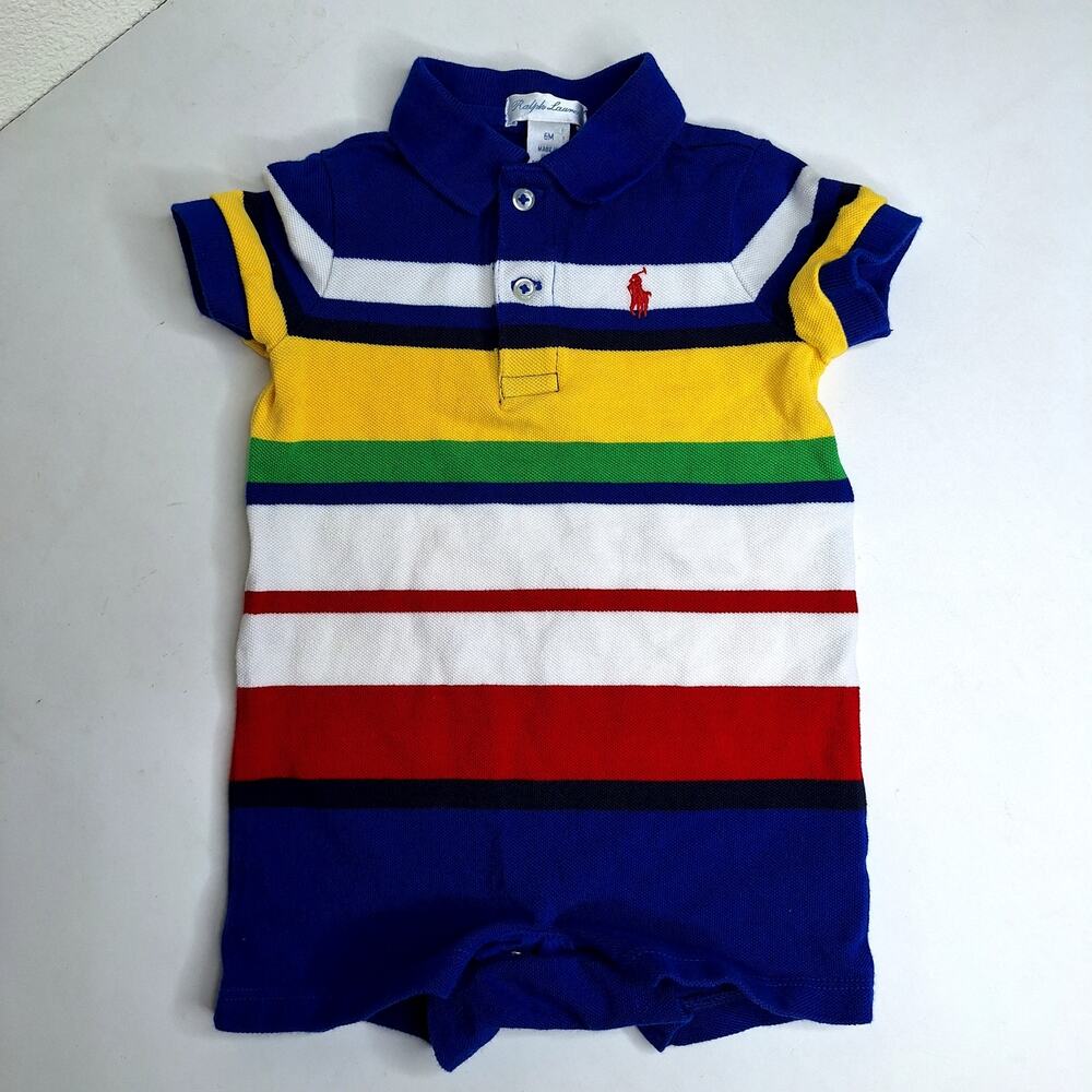 POLO Ralph Lauren Baby Boys Striped Cotton Mesh Polo Shortall 6m Primary Colors